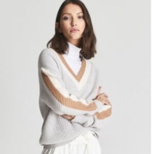 Reiss Gray and Brown V-Neck Sweater